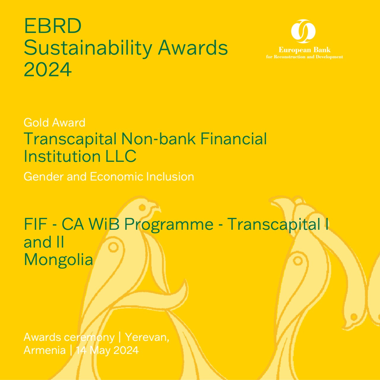 Transcapital NBFI Wins GOLD AWARD in EBRD’s “Gender and Economic Inclusion” Category